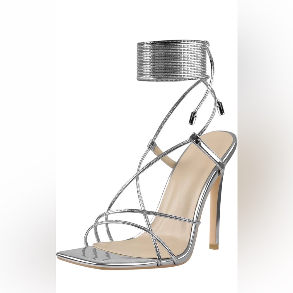 Silver Lace Up Square Toe Sandals